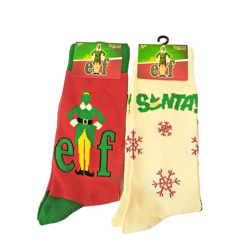 Elf Movie Mens Novelty Red Cream Crew Socks 2 Pair Size 6-12 NWT Christmas Santa